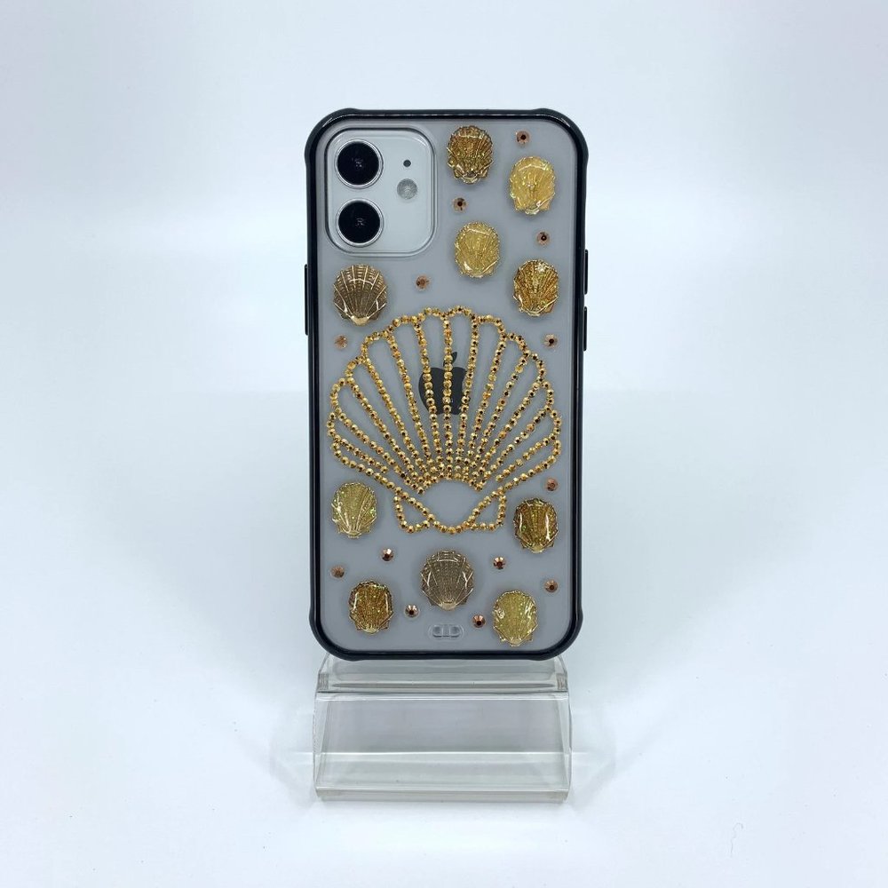 iPhone 12 Mini case. PC material. Handmade. Gold rhinestone Clam shell charms.